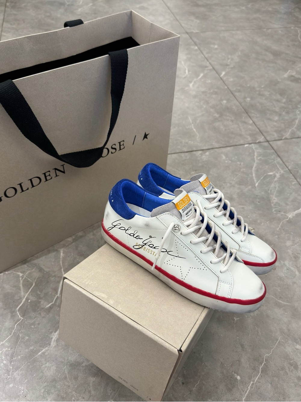 Golden Goose White Leather Sneakers with Blue Collar and Red Sole Trim